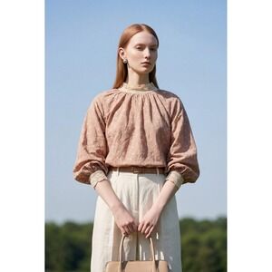 Zara Embroidered Lace Trim Balloon Sleeve Blouse Tan Pink Small Boho Cottagecore